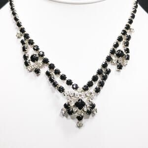 Vintage Black & Clear Rhinestone Festoon Necklace, Rhodium Plating, 1950s